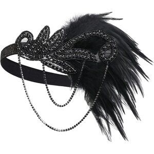 Flapper Headband 1920s Roaring 20s Feather Crystal Rhinestones Beads